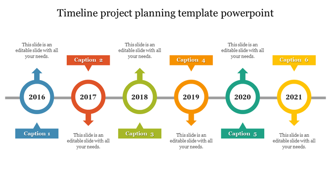Timeline with vibrant circular markers in blue, red, green, orange, teal, and yellow, representing year from 2016 to 2021.