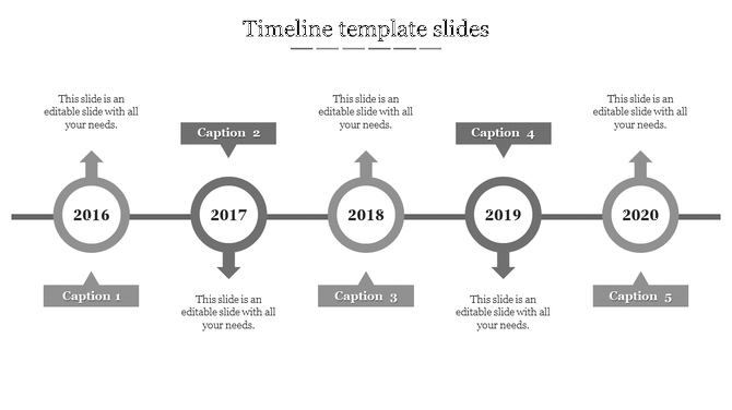 Timeline PowerPoint template with five milestone years and directional grey arrows with captions on a white backdrop.
