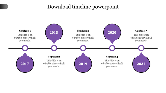 Timeline with five purple circular markers showing the years 2017 to 2021 with captions beneath each year.