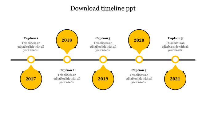 Business timeline infographic with yellow milestone markers for 2017-2021, connected by a black line with captions. 