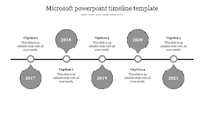 Grey themed project timeline PowerPoint template with five milestone years displayed along a horizontal line with captions.