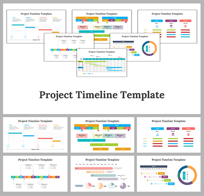 Project timeline template with slide previews showing charts, Gantt charts, milestone markers, and colorful infographics.