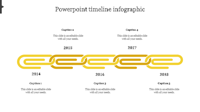 Timeline template featuring yellow chain links for each year 2014 to 2018 with text placeholders on both sides.