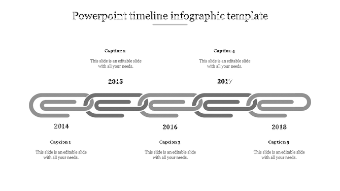 Timeline infographic PPT template with a grey chain link design, highlighting key years and captions.