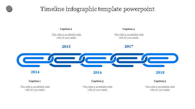 Blue interlinked timeline infographic displaying years 2014 to 2018, with captions placed above and below the chain. 
