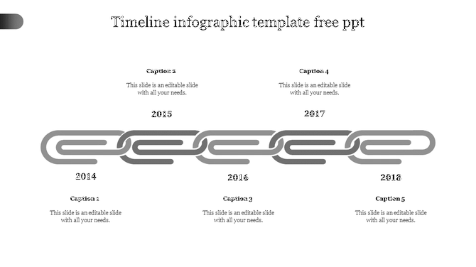 Gray timeline infographic displaying years 2014 to 2018, with captions placed above and below the horizontal chain. 