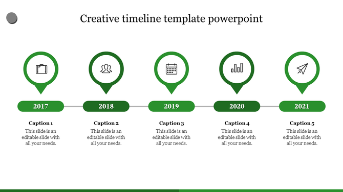Green-themed timeline with icons representing milestones from 2017 to 2021, each with a caption area.