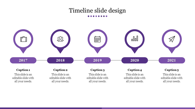 Timeline PPT slide with five milestone markers from 2017 to 2021, featuring purple icons with captions on a white backdrop.