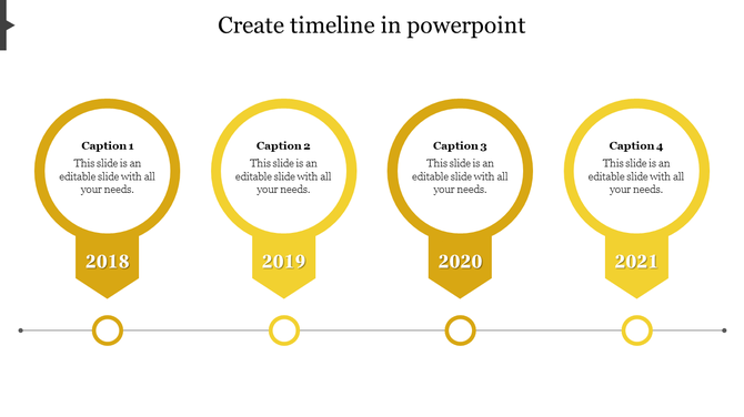 Timeline PPT template with four yellow milestones from 2018 to 2021, featuring text areas on a white backdrop.