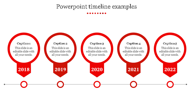Timeline layout with five red circle markers, each representing different years from 2018 to 2022.