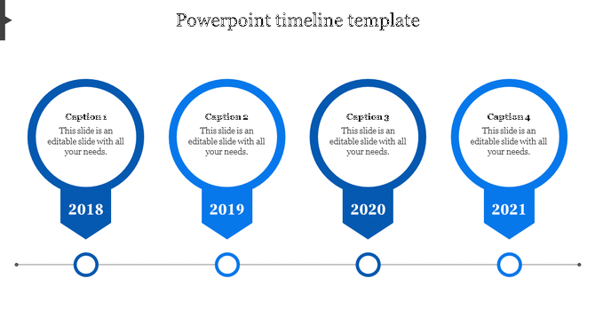 Four step timeline with blue circular markers labeled 2018 to 2021, aligned on a horizontal line with captions.