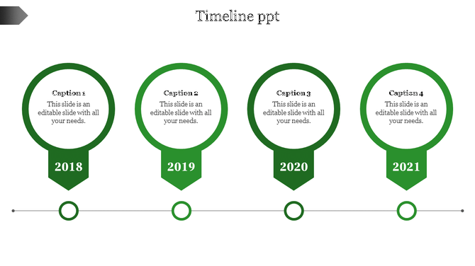 Green themed timeline with four circles showing years from 2018 to 2021, each with captions inside.