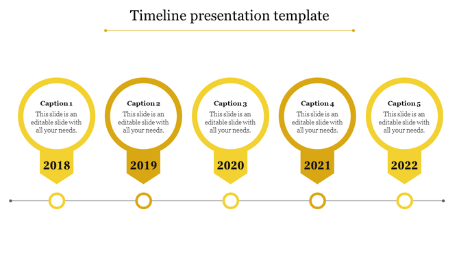 Timeline PPT presentation template with five yellow circles from 2018 to 2022 and text placeholders on a white backdrop.
