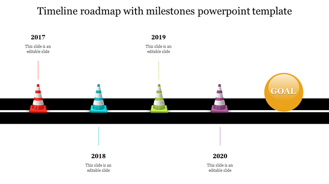 Black roadmap featuring a timeline with traffic cones in red, blue, green, and purple, ending with a golden goal icon.