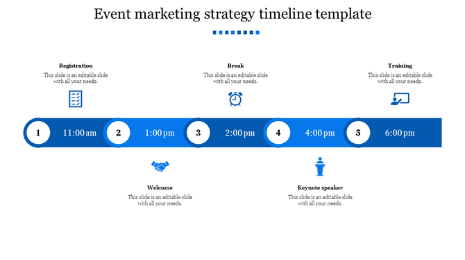 Timeline slide showing event milestones from eleven am to six pm, featuring icons and descriptions for each activity.