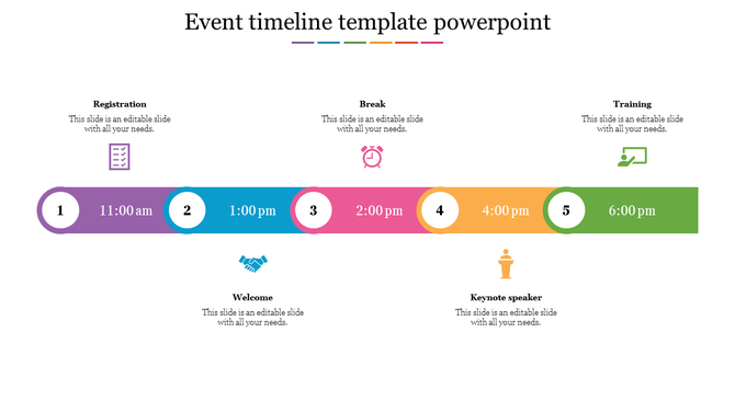 Colorful event timeline slide showing a detailed schedule with five time slots, icons, and event descriptions.