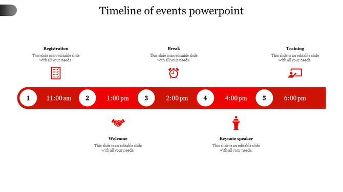 Event timeline with a red horizontal bar, five numbered circles showing times, and icons representing different activities.