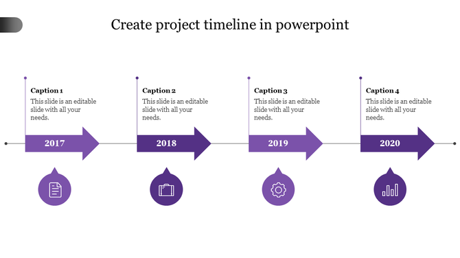 Timeline slide with four years marked with purple arrows, featuring circular icons below and captions at the top.