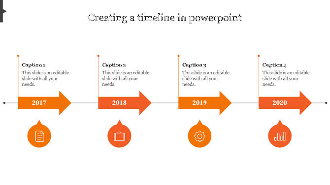 Timeline PowerPoint template with four orange arrows marking milestones from 2017 to 2020 and captions with placeholder text.