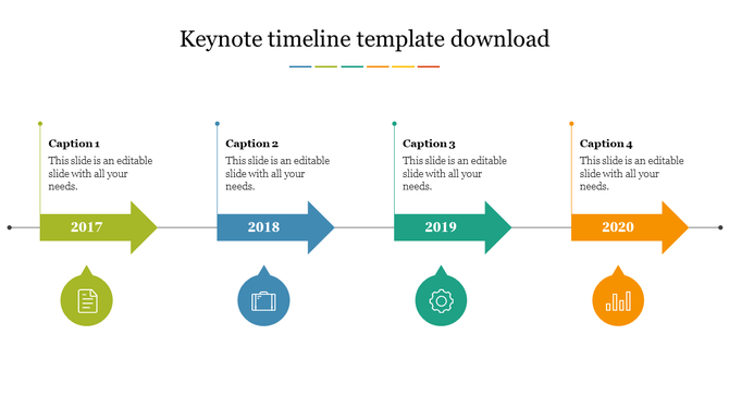 Four step timeline with green, blue, teal, and orange arrows representing 2017 to 2020, each with captions and icons.