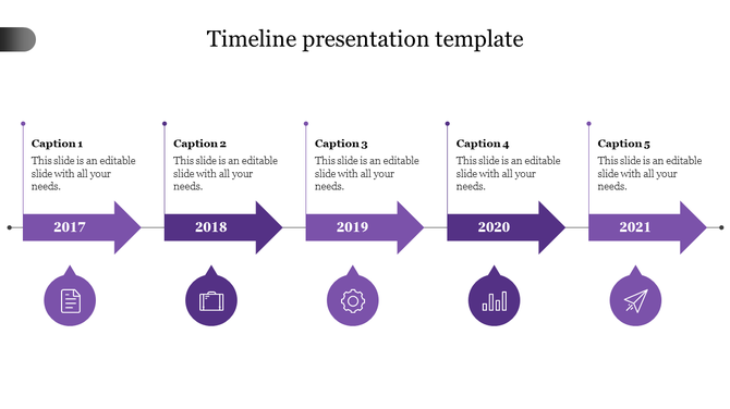 Timeline presentation template featuring 2017 to 2021 with icons and captions for each milestone.