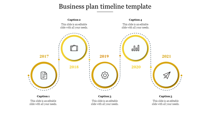 Business plan timeline slide with 5 milestone years from 2017 to 2021, connected by a dotted path with yellow circular icons.
