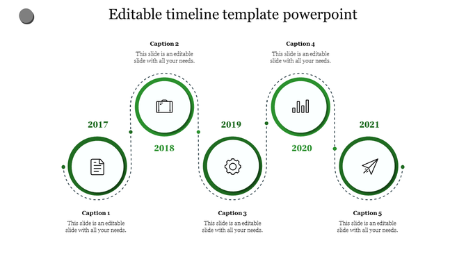 Vertical zigzag timeline from 2017 to 2021 featuring green outlined circles with icons and captions areas for each year.