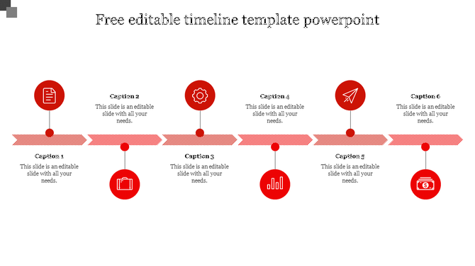 Red-themed timeline featuring icons connected by arrows, with caption areas for each step along.
