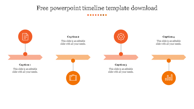 Timeline with four orange circular icons, connected by dashed arrows, featuring caption spaces.