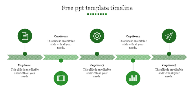 Timeline slide with five green icons representing key milestones and captions for each point in the process.