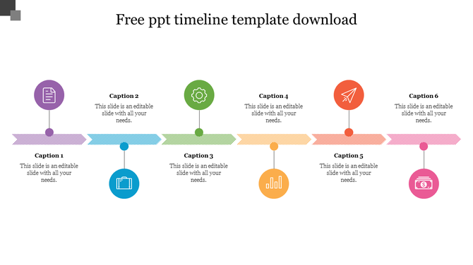 Colorful timeline slide with six segments, each labeled with a caption and relevant icons.