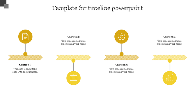 Simple yellow timeline with four circle shaped icons for year, and striped arrows connecting each milestone.