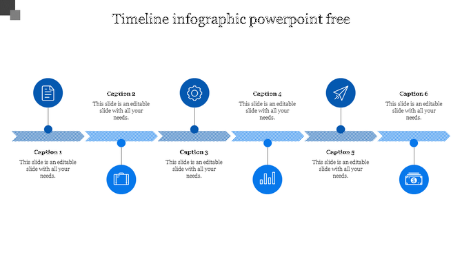 Horizontal timeline infographic PPT template with six milestone icons and text sections on a white backdrop.