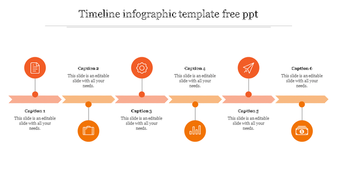 Horizontal timeline infographic with six orange icons and placeholder captions beneath a dotted line.