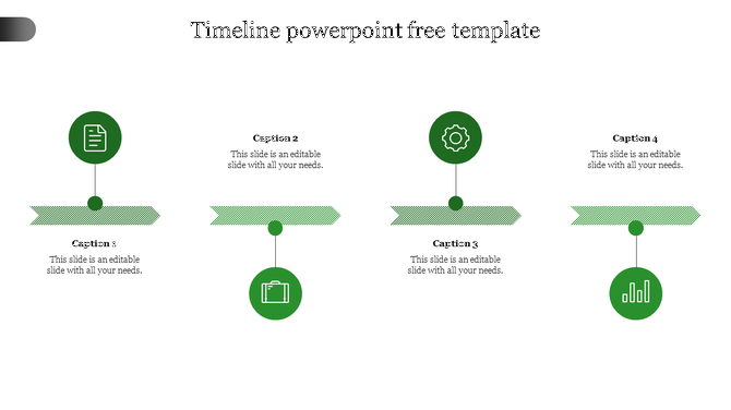 Flat timeline template with four green milestone icons arranged in a sequence, each connected to captions by vertical lines.