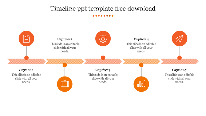 Slide featuring an orange timeline with five stages, each represented by an icon and space for captions.
