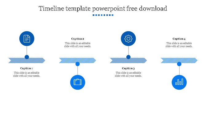 Blue themed timeline PowerPoint template with four blue markers and icons with captions on a white backdrop.