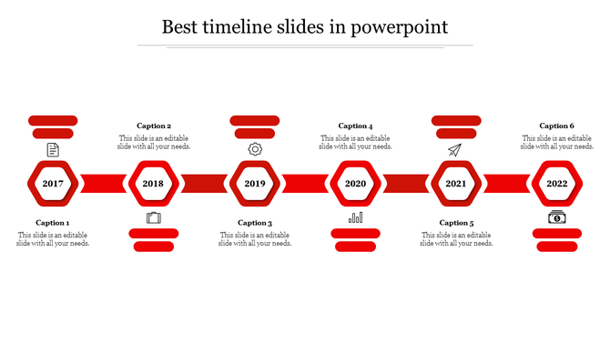 Red hexagonal timeline slide with six milestones from 2017 to 2022 with captions and placeholder text on a white backdrop.