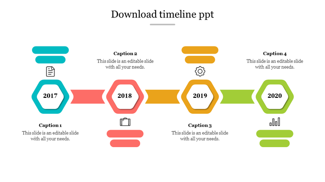 Colorful timeline with hexagonal nodes for 2017-2020, directional arrows, and caption areas placed above and below.