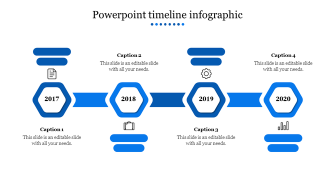 Blue themed timeline with four hexagonal shapes for year labels and text areas for milestone from 2017 to 2020.