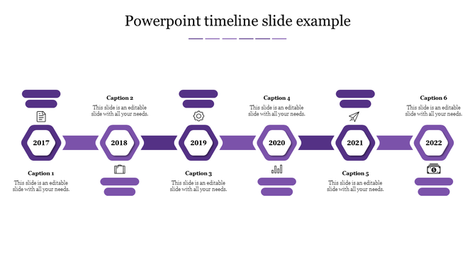 Six step timeline from 2017 to 2022 with hexagonal year markers, directional arrows, icons, and captions in a purple theme.