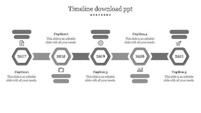 Gray themed timeline with five hexagonal year markers, connected by lines, and sections for captions.