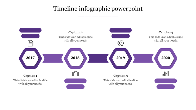 Purple-themed infographic timeline with  markers for 2017 to 2020, each linked by arrows, with icons and caption areas.