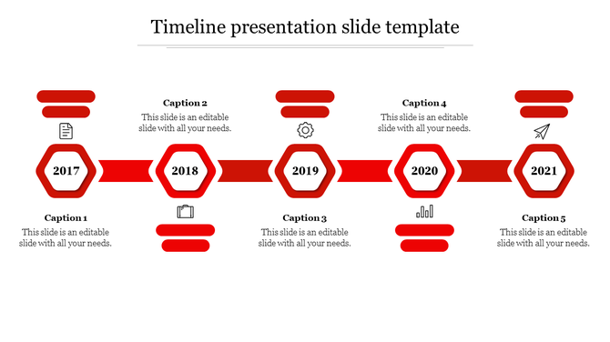 Red themed timeline with hexagonal nodes for 2017-2021, linked by arrows, featuring alternating captions and relevant icons.
