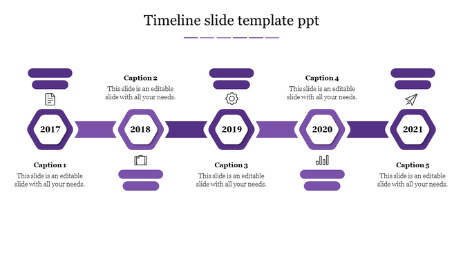 Purple themed timeline featuring five hexagonal year markers with connecting lines, and paired with captions.