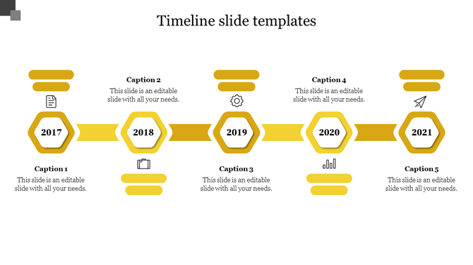 Yellow themed timeline PPT slide showcasing key years from 2017 to 2021 with captions and placeholder text.