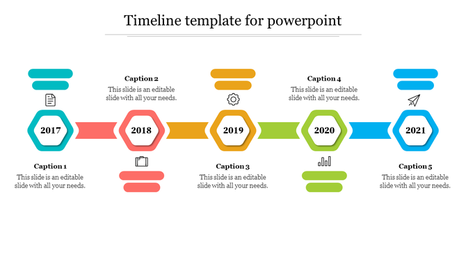 Colorful timeline PowerPoint template featuring hexagonal icons for each year from 2017 to 2021, with captions.
