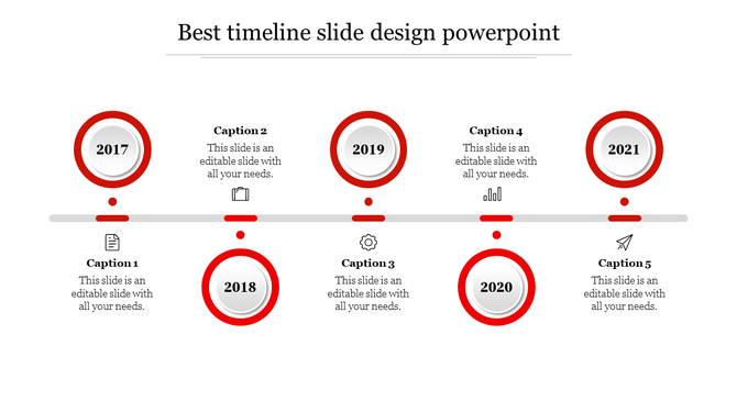 A visually appealing timeline slide featuring years from 2017 to 2021 with circular markers and captions.