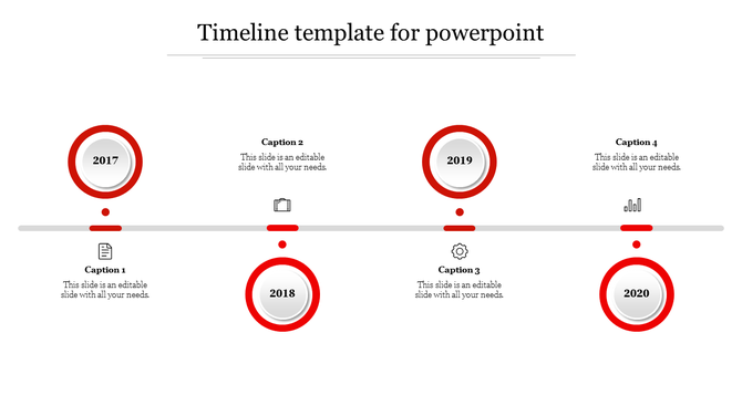 Timeline with four red circular year markers, gray line connecting them, and space for text content.