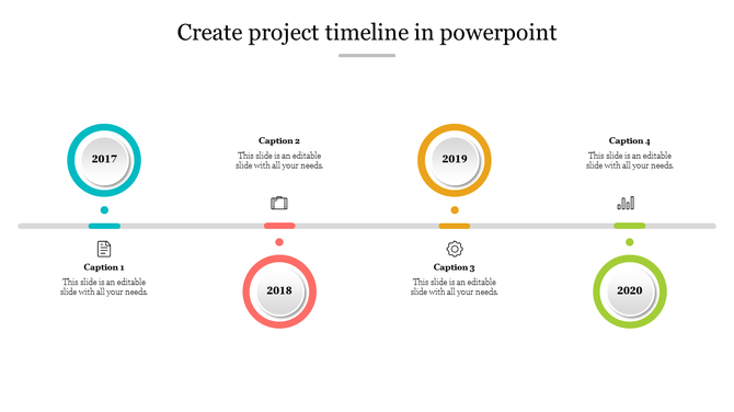 Project timeline with circular markers for 2017-2020, alternating colors, a gray line, and captions placed above and below.